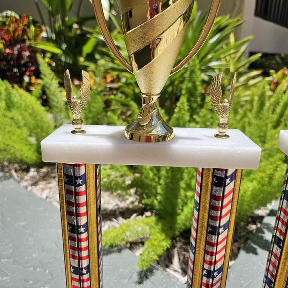 Set of 2 Large 25" Volleyball 2-Tier Patriotic Trophies w/ American Flag Columns - Picture 3 of 8